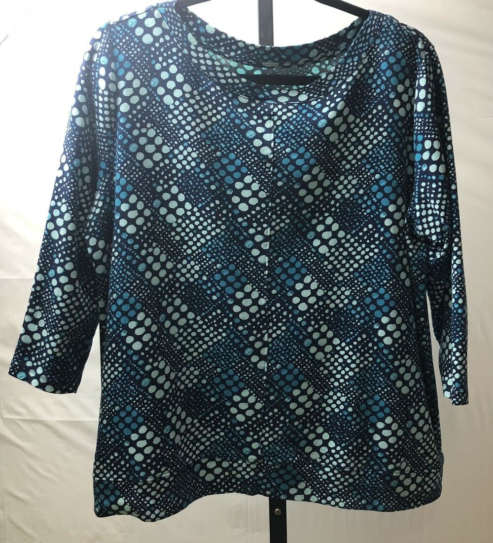 Kim Rogers Blouse Women XL Blue Dot Print 100% Cotton 3/4 Sleeves Tunic Stretch